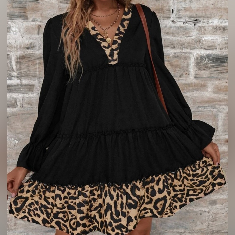 Leopard Print Ruffle Hem Smock Dress